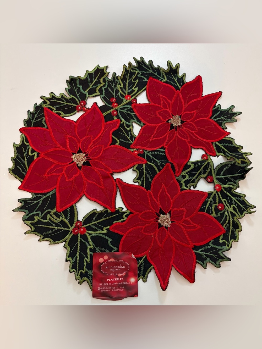 NWT Set of 5 St. Nicholas Square Poinsettia Placemat Christmas Embroidered
